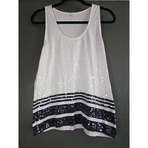 J Crew Sequin Tank Top Medium White Navy Stripe Coastal Preppy Nautical Chic